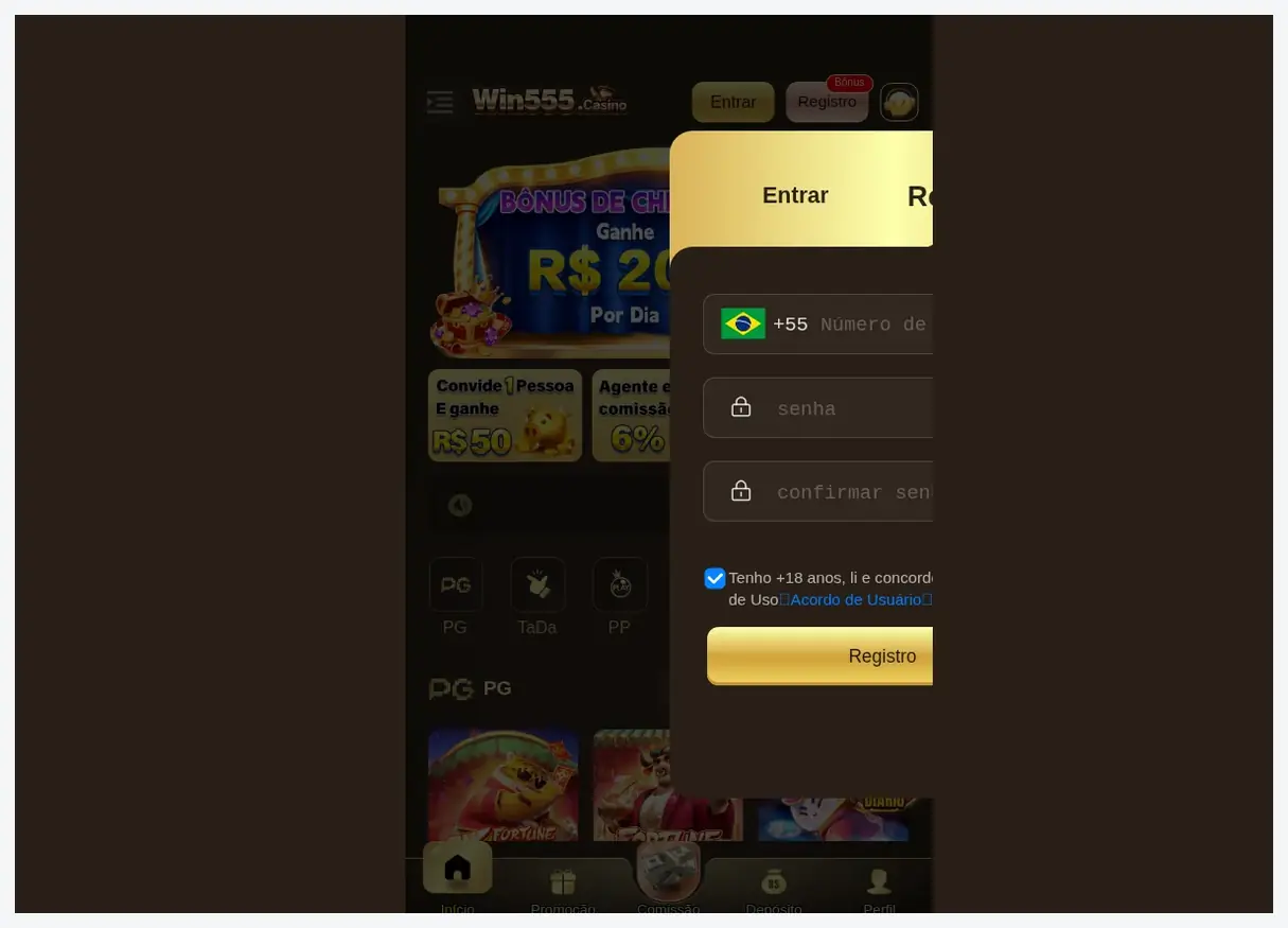 Modal de formulário de registro do Win555 Casino, botão "Registro" e campos de entrada, 21.10.2026