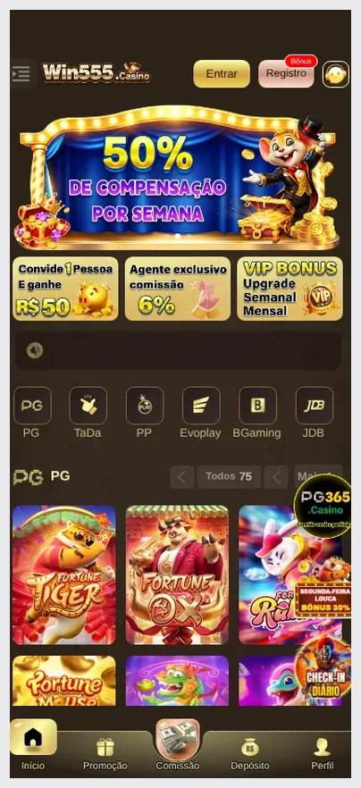 Página inicial móvel do Win555 Casino, banner promocional "50% DE COMPENSAÇÃO POR SEMANA" com grade de tiles de jogos, 22.10.2026